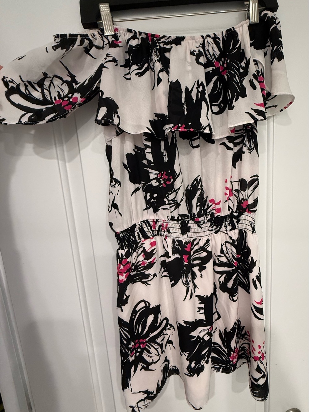 Aqua Black & light pink Floral Off-Shoulder Dress with hot Pink Accents